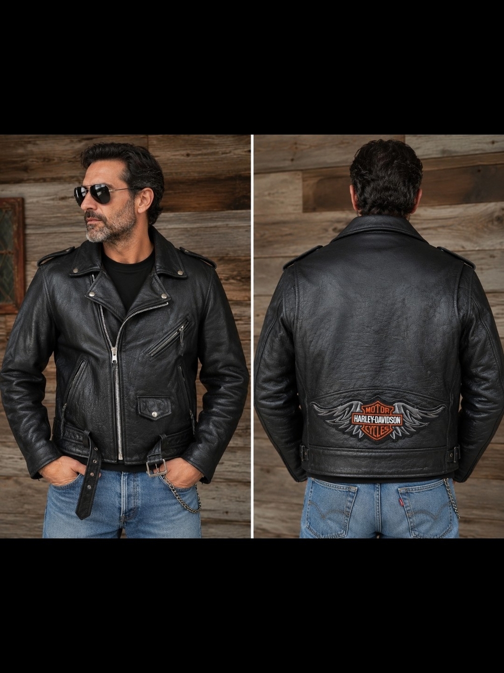 MENS Boss Black Leather Biker-Style Bomber Jacket HARLEY DAVIDSON LOGO
